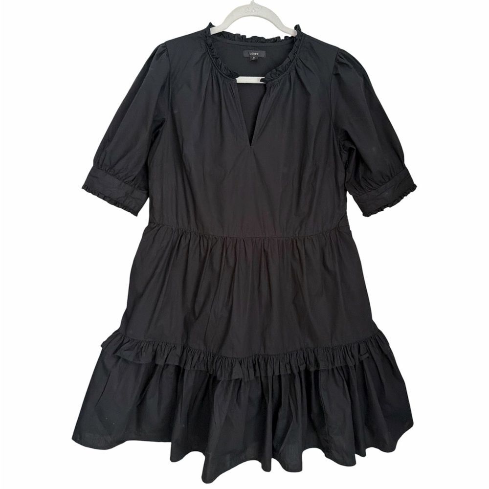 J.Crew Black Cotton Ruffle Neck Tiered Popover Mini Dress Women’s Puff Sleeve S